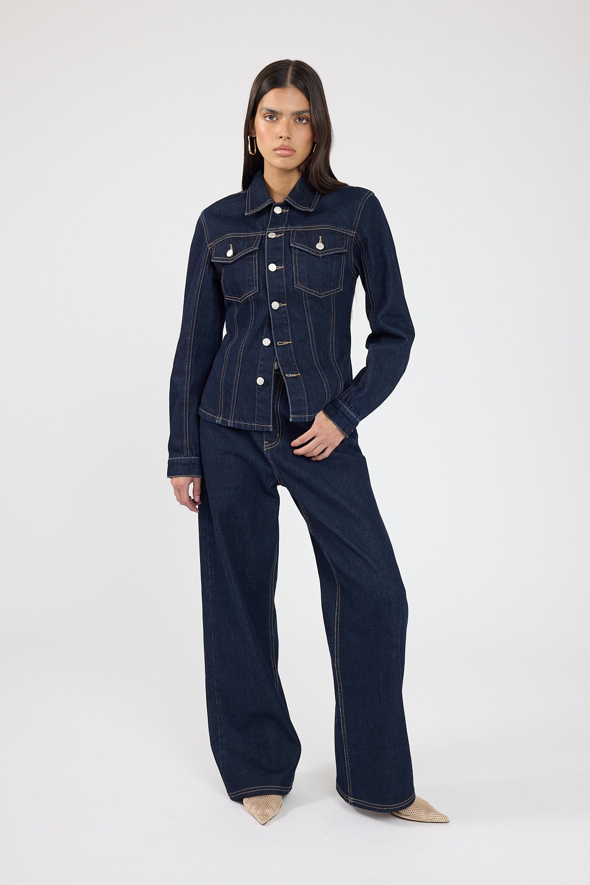 Perfect Stranger Spencer Denim Fitted Shirt Dark Blue Denim