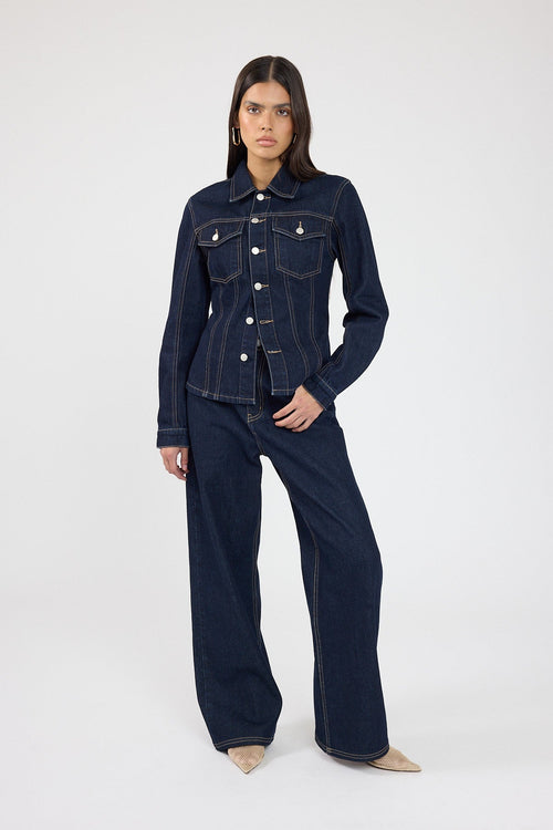 Perfect Stranger Spencer Denim Fitted Shirt Dark Blue Denim