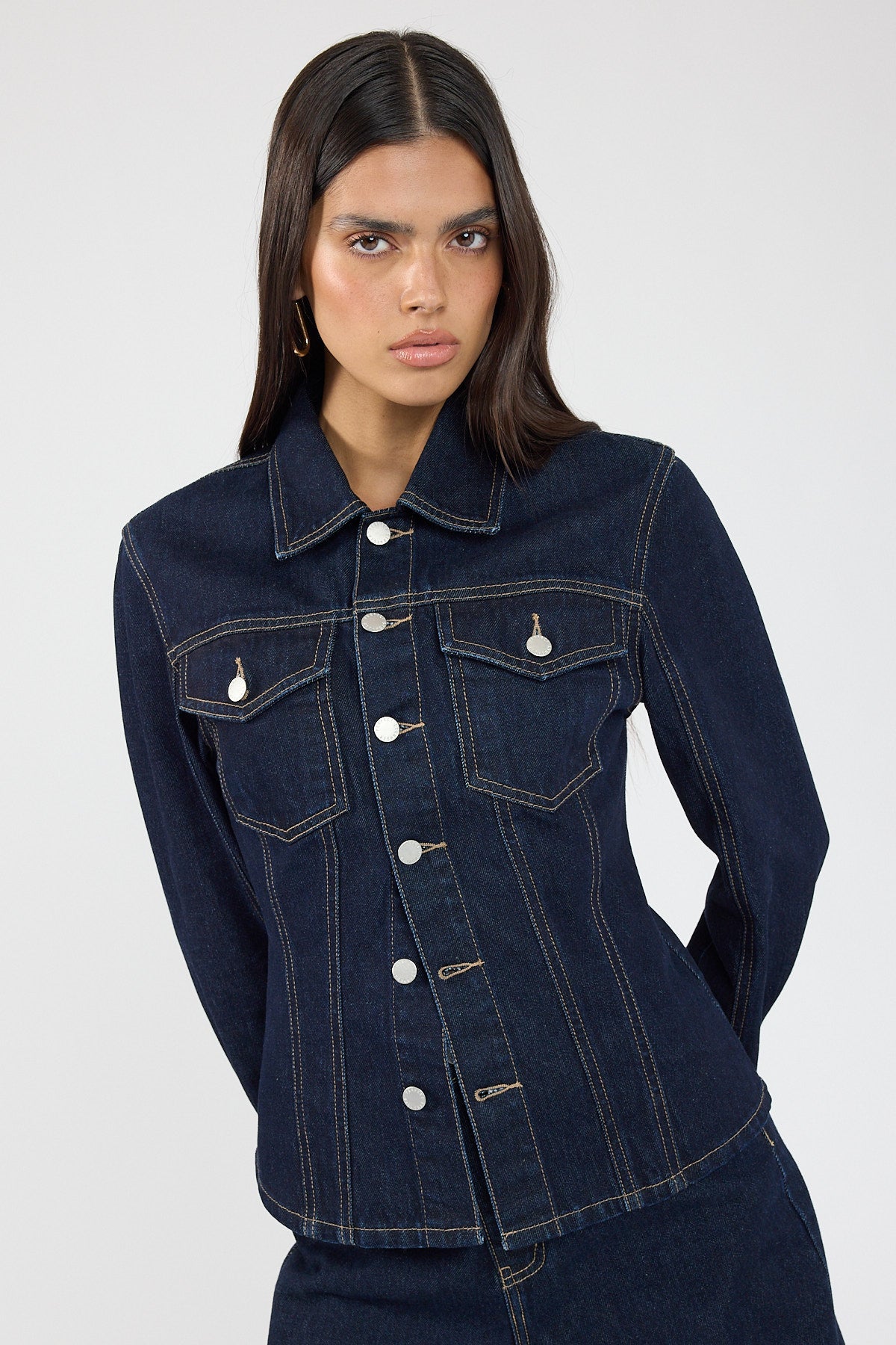 Perfect Stranger Spencer Denim Fitted Shirt Dark Blue Denim
