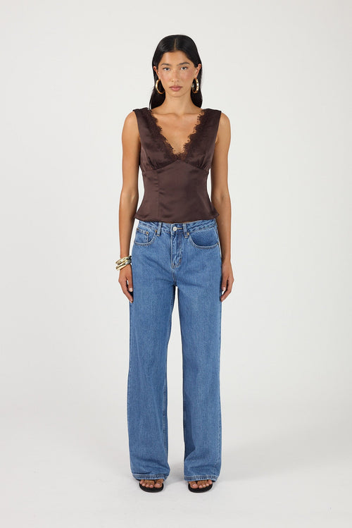 Perfect Stranger Evoke Satin Lace Top Brown