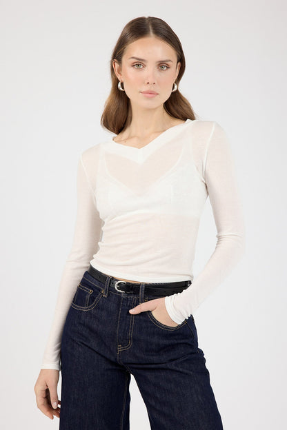 Perfect Stranger Lara Long Sleeve Sheer Top White